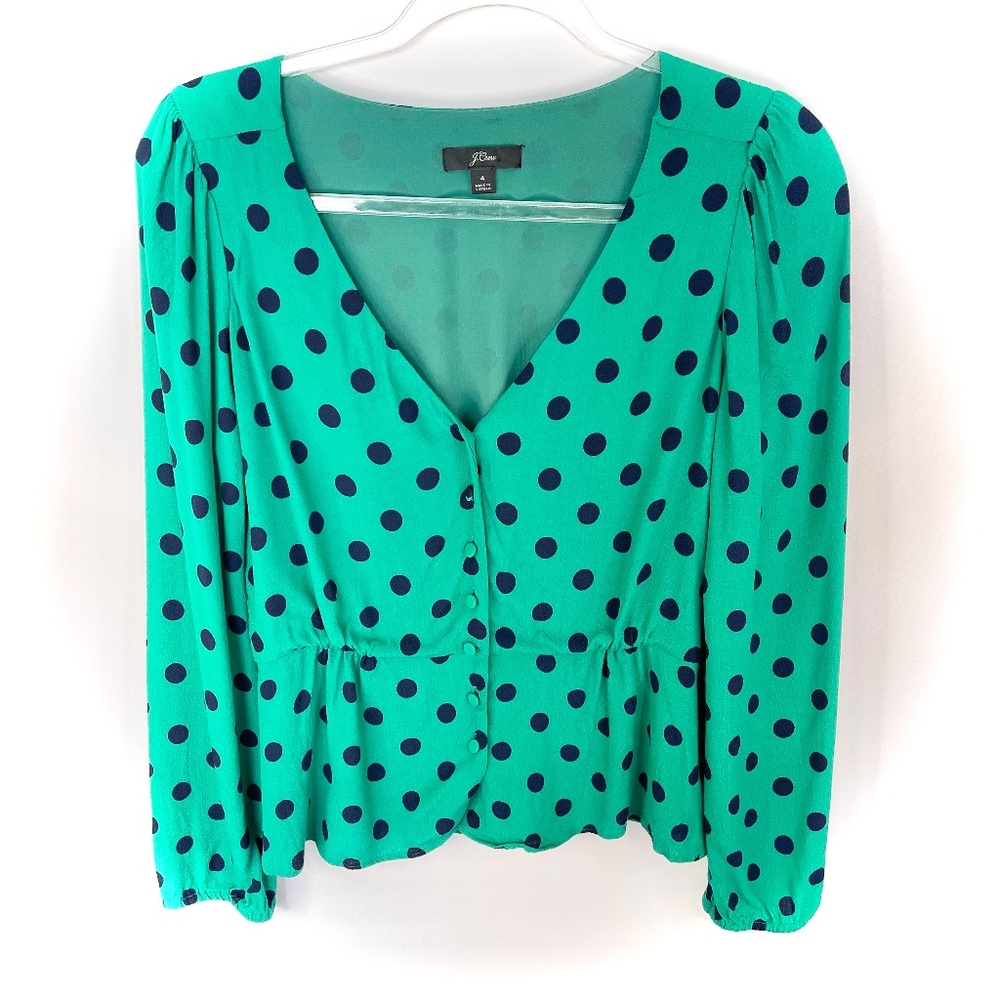 J Crew Peplum Top Womens 4 Green Navy Polka Dot Blouse Ruffle Workwear